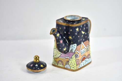 Vintage Enamel Copper night scene with house stars moon Miniature Teapot NIB - Picture 2 of 6