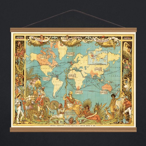 Vintage 1886 World Map; Imperial Federation British Empire; Canvas Wooden Hanger - Bild 4 von 15