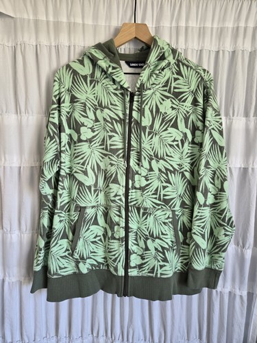 Lands End Womens 1X Terry Green Tropical Leaves Zip Sweater Pool Beach Resort