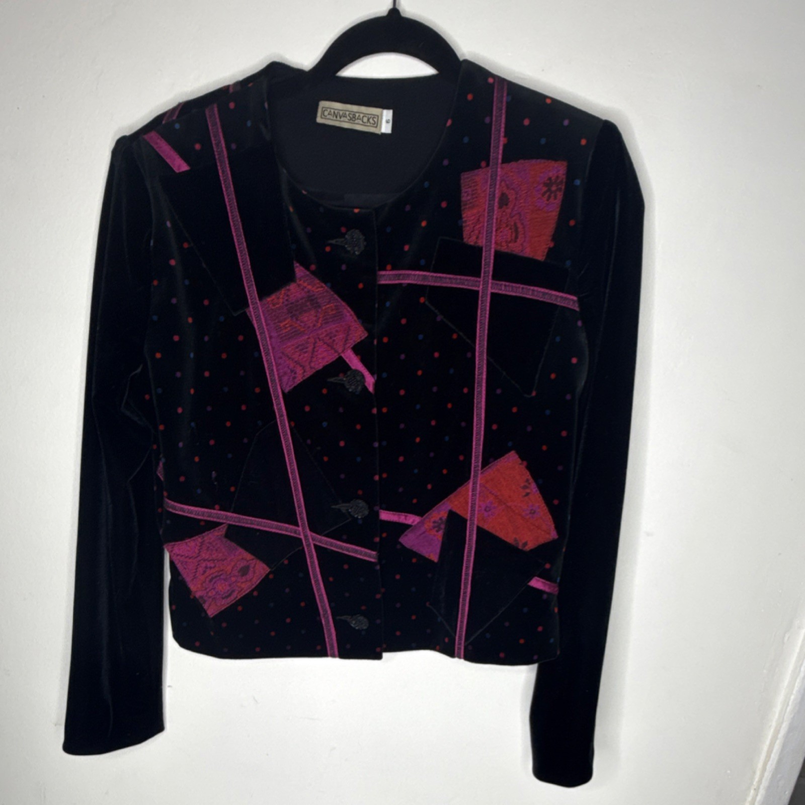 Canvasbacks Black Patchwork Polka Dot Button Jack… - image 1