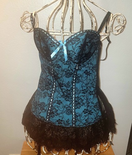 Sexy Corset Xl Bustier Seven 'til Midnight Teal Green Black Lace Overlay Stretch - Picture 2 of 5