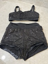 Black Sequin 2 Piece Jazz Dance Costume Outfit Halloween Youth MC Girls Used