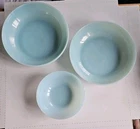 3-Vintage Fire King ovenware Delphite Blue Milk Glass (2) Serving Bowls (1) Sm.