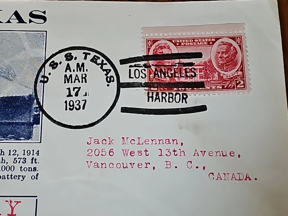 2 1937 USS TEXAS BB-35 NAVAL POSTAL COVERS War Games 1937 & St. Patrick's Day - Image 4 of 4