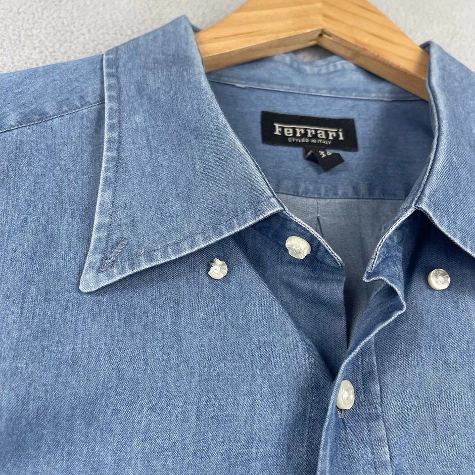 Ferrari Racing Denim Shirt Mens XXL Blue Card Button Up Classic Embroidered 90s￼ - Image 4 of 4