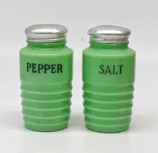 Vintage Jadeite ribbed salt & pepper shakers Jeanette range top glass kitchen