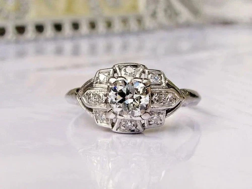 Art Deco Style Round Cut Lab Created Diamond Engagement 14K White Gold FN Ring