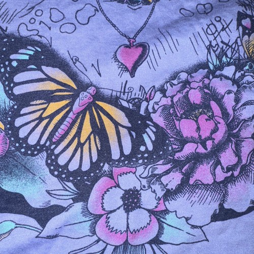 Neu ohne Etikett Frida Kahlo lila kurzärmliges grafisches Damen-T-Shirt 2-seitig Blumen M - Bild 7 von 12