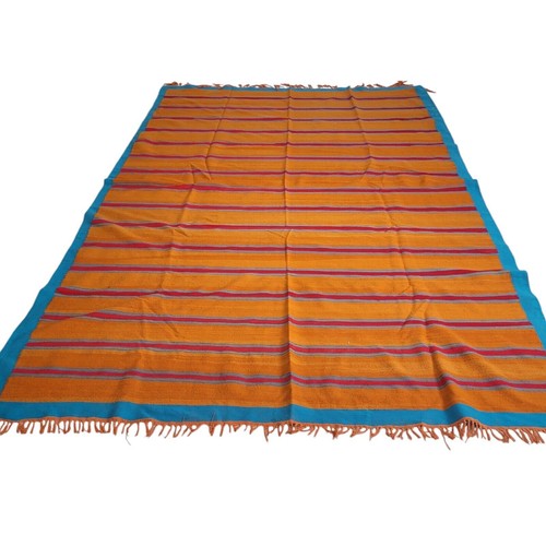 Vintage Handmade Moroccan Orange Rug Red Blue Stripes Berber Fringe Wool Carpet - Picture 5 of 24