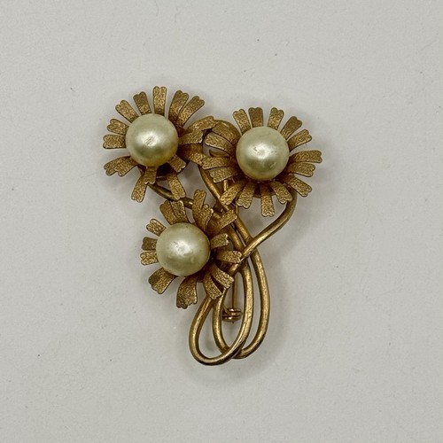 Vintage 70er Jahre Brosche Blume gebürstet goldfarben Kunstperlen floral - Bild 2 von 7