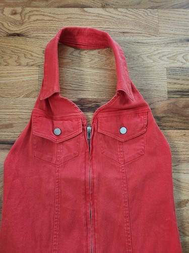 Nwt Day + Moon Red Demin Full Zip Collared Halter Dress Short Size Medium - Picture 2 of 6