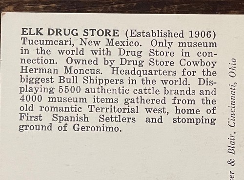 Anuncio postal de farmacia y museo de alces Tucumcari casi nuevo. Vaquero Herman Moncus Vintage - Imagen 3 de 8