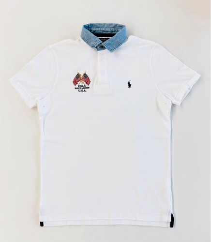 POLO RALPH LAUREN Men's Custom Slim Fit Shirt Size Large Short Sleeve Flag Denim