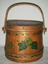 PRIMITIVE ANTIQUE WOOD BUCKET PAIL FIRKIN W LID TAPERED FINGER BANDS PAINTED PEG