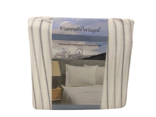 Flannel From Portugal Gray Stripe Flannel Sheet Set 4 Piece Queen 100% Cotton - Picture 4 of 5