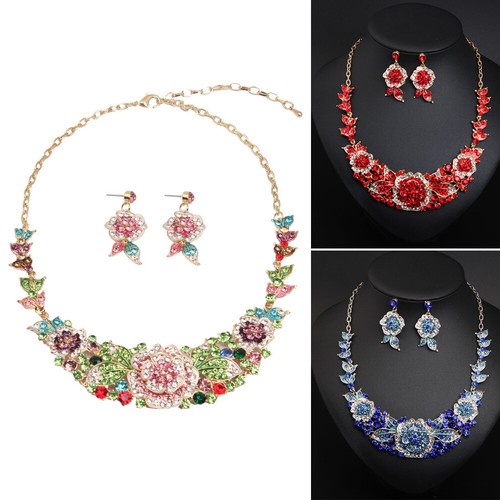 Blume Statement Kristall Halskette Ohrring Brautschmuck Set Halsband Hochzeit Geschenk - Bild 1 von 21