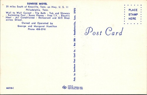 c1970 Sunrise Motel South of Knoxville Tennessee Hwy 11 cartolina d'epoca - Foto 2 di 2