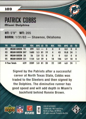 A7893- 2006 SP Authentic #103 Patrick Cobbs RC /750 - Picture 2 of 2