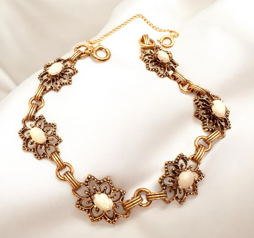 Vintage Opal Bracelet Sterling 925 Vermeil Floral Filigree Links Safety Chain 7"