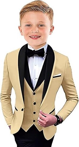Boys Tuxedo Suit Formal 3 Pieces Shawl Lapel Wedding Outfit Kids Tuxedo Suit - Picture 18 of 31