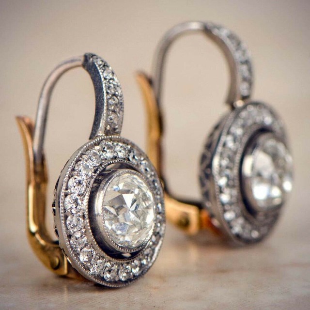 Art Deco Style Halo 3.5ct Round Cut Lab-Created Diamond Two-Tone Silver Earrings Art Deco Style Halo 3.5ct Round Cut Lab-Created Diamond Two-Tone Silver Earrings