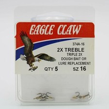 Eagle Claw 374A 2X Treble Fishing Hooks 5 Pack Size 16