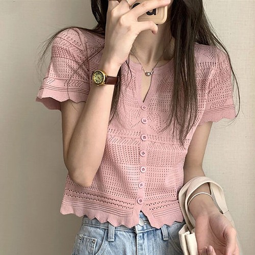 Summer Korean Hollow Out Knitted T-shirt Women V Neck Short Sleeve Slim officiel Crop Top