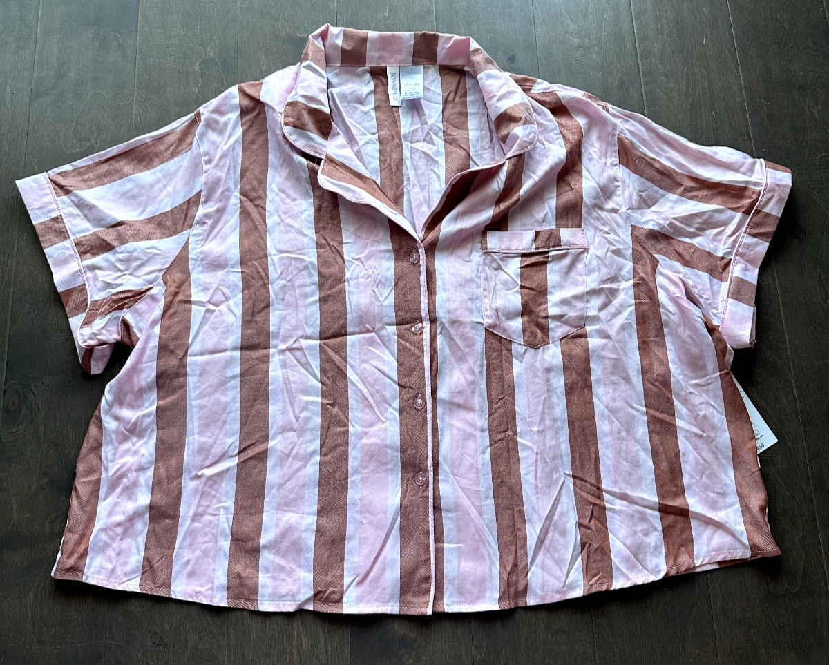 Pajama Sleep Shirt Short Sleeve Button Down Pink Stripes Rayon