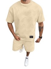 Men's Solid Color Textured Detail T-shirt and Shorts Set NEW