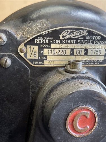 Vintage Century AC Elektromotor 1/6PS W1 1750RPM 110-220 Repulsion Single - Bild 10 von 15