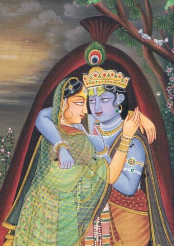 Handmade Miniature Painting Of Lord Krishna & Radha Love Scene 7.5x11.5 Inches - Picture 5 of 5