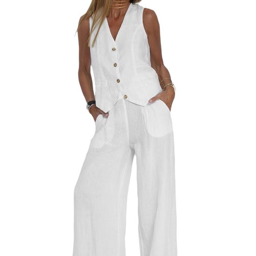 Womens 2Pcs Tank Tops Wide Legs Trousers Ladies Linen Cotton Set Suit Outfits UK - Picture 26 of 31