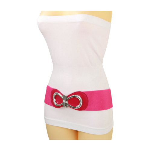 Women Pink Elastic Fabric Stretchable Band Hot Belt Silver Metal Bow Buckle S M - Picture 12 of 21