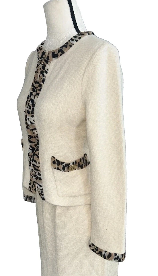 Chaqueta St John Crema Cremallera Vintage Tejida Seda Estampado Animal Borde S Foto 4 de 4