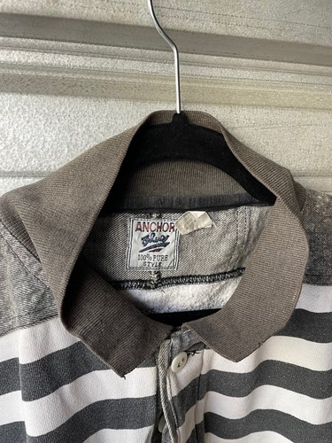 Vintage 1990's Anchor Blue Acid Wash Long Sleeve Striped Polo Shirt Men's XL - Picture 13 of 21