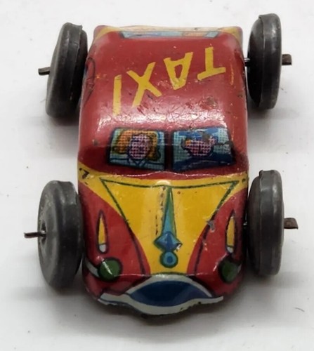 RARE HTF Antique Tin Yellow Taxi Toy Car Red 1.5" EUC  - Picture 5 of 6