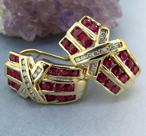 14K Yellow Gold .16 CTTW Diamond & Ruby Crossover Omega Pierced Earrings - Picture 2 of 6
