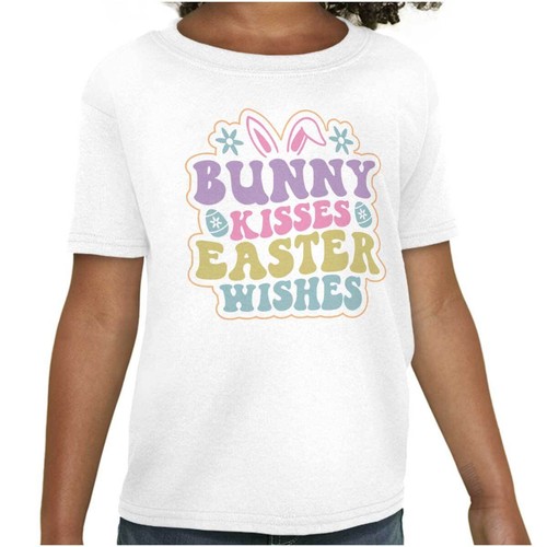Cute Spring Eggs Bunny Kisses Easter Wishes Girls Youth Crewneck T Shirts Tees - Picture 1 of 7