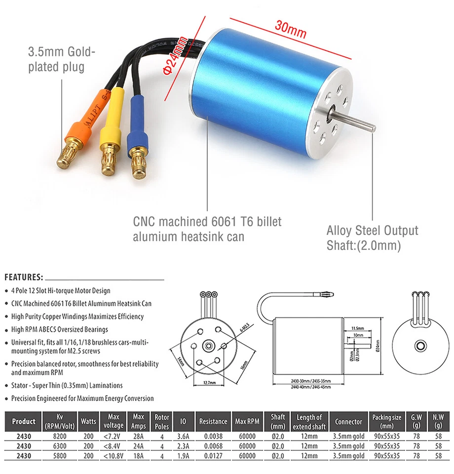 2430 Brushless 8200KV 7200KV 5800KV Motor for 1/18 1/16 HSP Traxxas RC Cars - Image 3 of 4