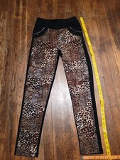 Black Back  Leopard Print Front Dressy Legging Pants Bling Pockets Size S / M