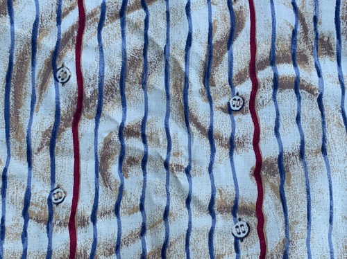 2 Yards Of Vintage Off White With Buttons & Blue & Red Stripes Cotton Fabric - Picture 2 of 4