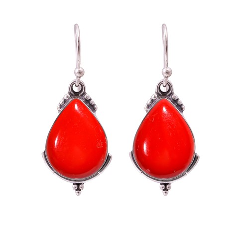 Red Coral Gemstone 925 Sterling Silver Jewelry Earring, Handmade Earring - Picture 3 of 4