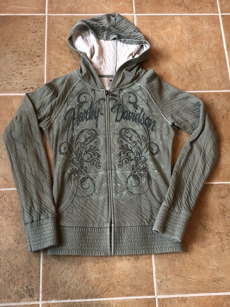 Womens Harley Davidson Hoodie Full Zip Bling Grey Sweatshirt Size