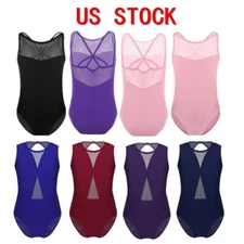 US Girls Leotards Mesh Splice Unitards Ballet Dance Gymnastics Jumpsuit Rompers