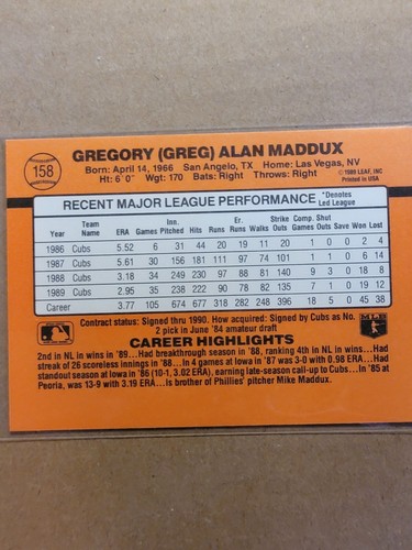 Greg Maddux 1990 Donruss #158 Chicago Cubs Error Card No Dot After Inc MLB HOF - Picture 2 of 3