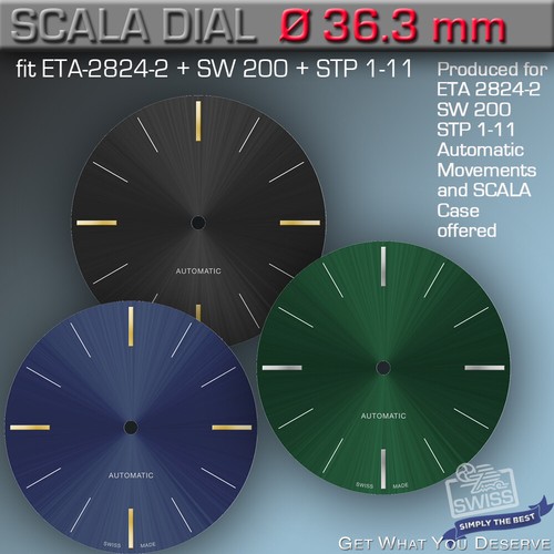 DIAL, ETA 2824-2 + SW 200, STP 1-11, Ø 36.3 MM,  BL,BLUE,GREEN, APPLIED QUARTER  - Picture 1 of 8