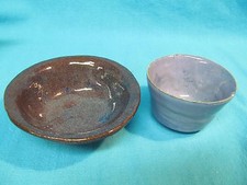 PAIR OF STUDIO POTTERY BOWLS LIGHT BLUE DRIP SIGNED PAU BLUE & BROWN GLAZE 