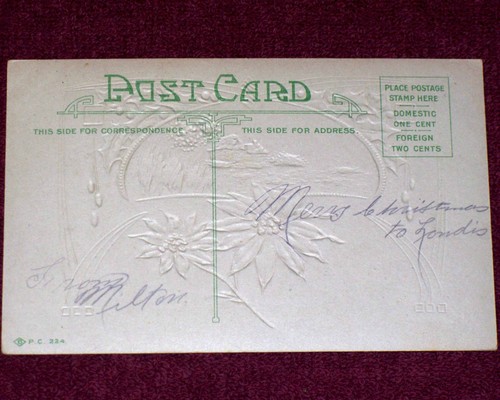 #16 Vintage 20er Jahre Postkarte Frohe Weihnachten Mond Licht Haus Szene Hollies geprägt - Bild 2 von 2