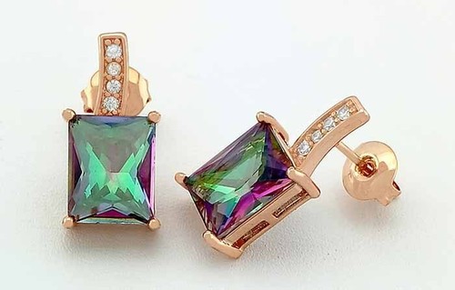 LAB 7.60 Cts MYSTIC TOPAZ & WHITE SAPPHIRE STUD EARRINGS 14K ROSE GOLD PLATED - Picture 4 of 5