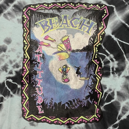 VTG 80s Beach Attitude Surfing Hippie Tie Dye Funky T Shirt YOUTH XL Blue Faded - Picture 3 of 5
